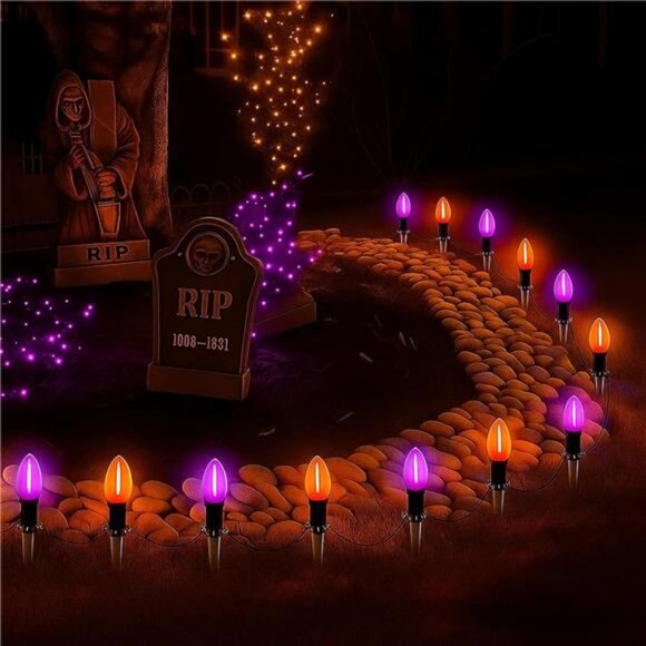 Halloween Pathway Lights, 10 Pack C9 LED Stake Lights with Purple & Orange - Picture 1 of 8